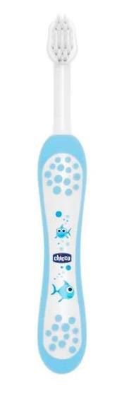 Imagem de Escova de dente para bebê de 6 à 36 meses - chicco azul com protetor de cerdas