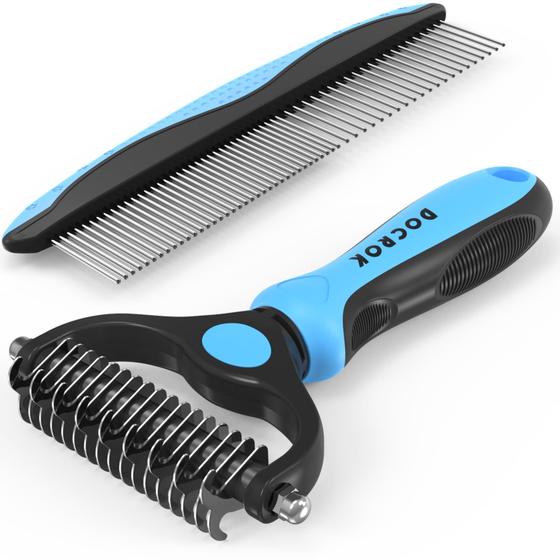 Imagem de Escova de descamação Pet Grooming Combo Docrok com pente de metal azul