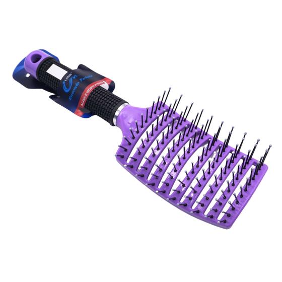 Imagem de Escova Roxo Raquete Curvada Modeladora Vazada Profissional Para Cabelo Com Cabo Siliconizado Para Escovação e Penteado de Cabelo