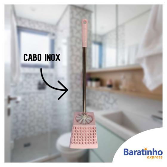 Escova Sanitária Cabo Inox C/ Suporte Quadrado Rosa Menor preço em Escova Sanitária Cabo Inox C/ Suporte Quadrado Rosa