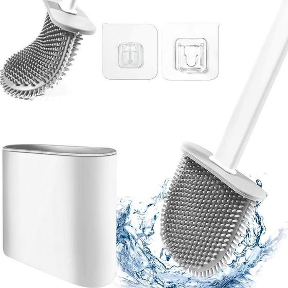 Imagem de Escova Sanitária Silicone Vaso Com Base Para Banheiro Com Cerdas Macias Privada Limpar Suporte Flexível Auto Adesiva