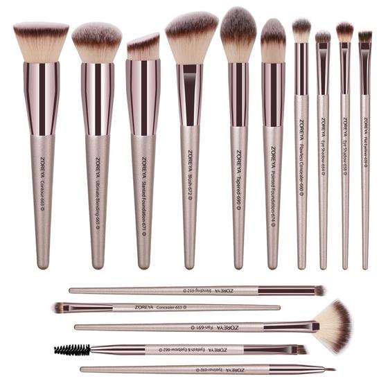 Imagem de Escovas de maquiagem raffaello, 15 pcs Professional Premium Synthetic Brush Set, Foundation Concealer Eyeshadow Blush Makeup Brush Set (Champagne Gold)