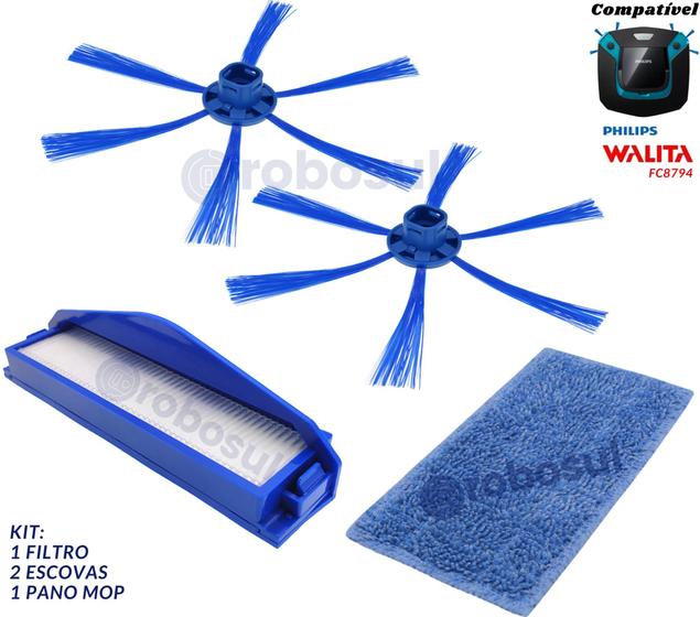 Imagem de Escovas Filtro e Mop Para Robô Aspirador Smart Pro Easy Philips Walita FC8794