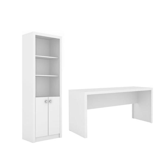 Imagem de Escritório com Mesa para Computador Simples e Armário c/ Prateleiras 2 portas Branco - FdECOR