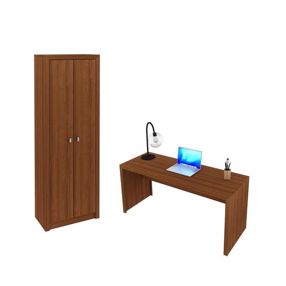 Imagem de Escritório com Mesa para Computador Simples Gavetas e Armário 2 portas Amendoa - FdECOR