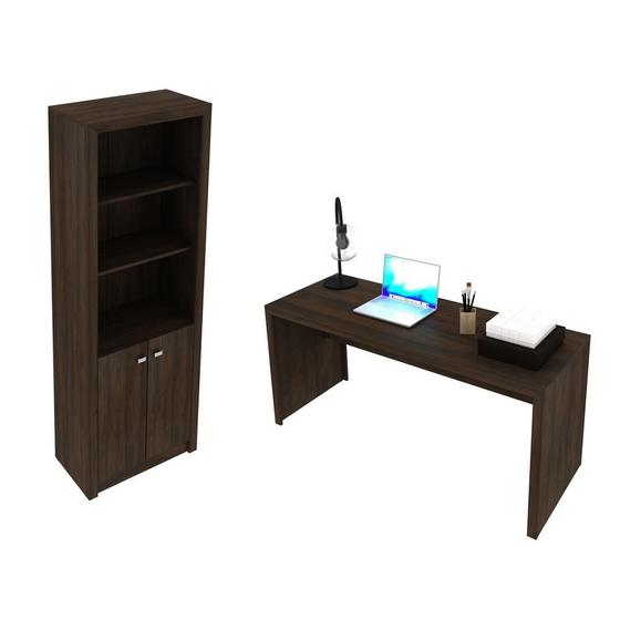 Imagem de Escritório com Mesa para Computador Simples Gavetas e Armário c/ Prateleiras 2 portas Rústico - FdECOR