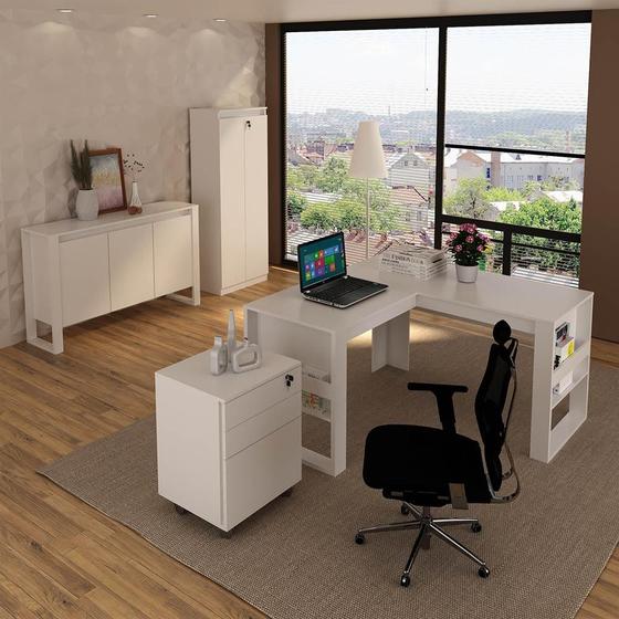 Imagem de Escritório Completo com Mesa Angular Armário Alto Balcão e Gaveteiro Moon MDP Branco G69 - Gran Belo