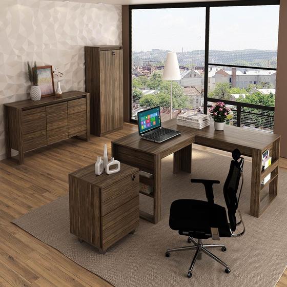 Imagem de Escritório Completo com Mesa Angular Armário Alto Balcão e Gaveteiro Moon MDP Nogal G69 - Gran Belo