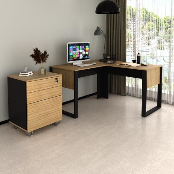 Imagem de Escrivaninha em L 136x135cm com Gaveteiro 3 Gavetas com Chave