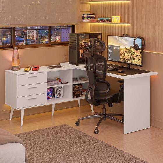 Imagem de Escrivaninha Em L Mesa Para Computador Gamer 3 Gavetas Branco Lisboa Madesa