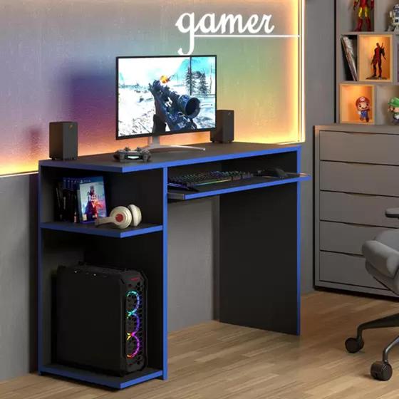 Imagem de Escrivaninha Gamer Mesa De Computador Com Suporte Extensível Para Teclado E Prateleira Elevada azul