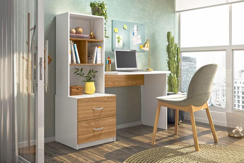 Imagem de Escrivaninha Home Office Com Prateleira Lateral Cor Branco Nature