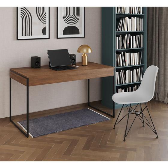 Imagem de Escrivaninha Industrial Escritório Malta Amêndoa 137x53cm com 1 Cadeira Eames Eiffel Branca Base Fer