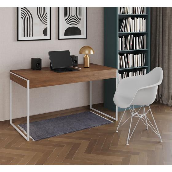 Imagem de Escrivaninha Industrial Office Estudo Malta Amêndoa 137x53cm com 1 Poltrona Branca Eames Eiffel Base