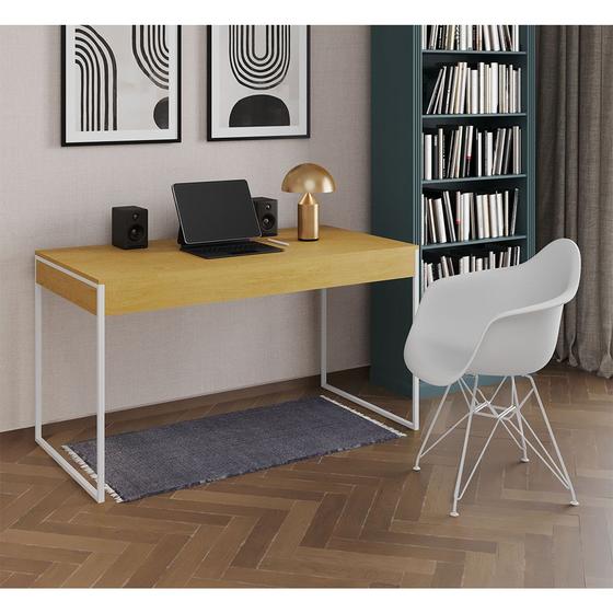 Imagem de Escrivaninha Industrial Office Estudo Malta Canela 137x53cm com 1 Poltrona Branca Eames Eiffel Base 