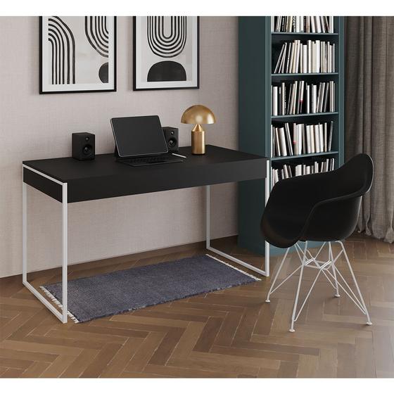 Imagem de Escrivaninha Industrial Office Estudo Malta Preta 137x53cm com 1 Poltrona Preta Eames Eiffel Base Fe