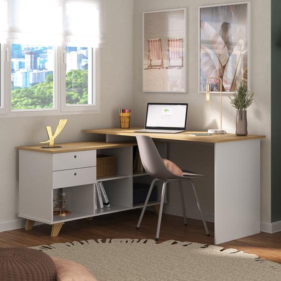 Escrivaninha Retrô em L para Escritório e Home Office com 2 Gavetas e 5 Nichos Gold Menor preço em Escrivaninha Retrô em L para Escritório e Home Office com 2 Gavetas e 5 Nichos Gold