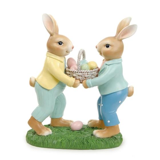 Imagem de ESCULTURA CASAL DE COELHOS EM RESINA C CESTA DE OVOS 24cm