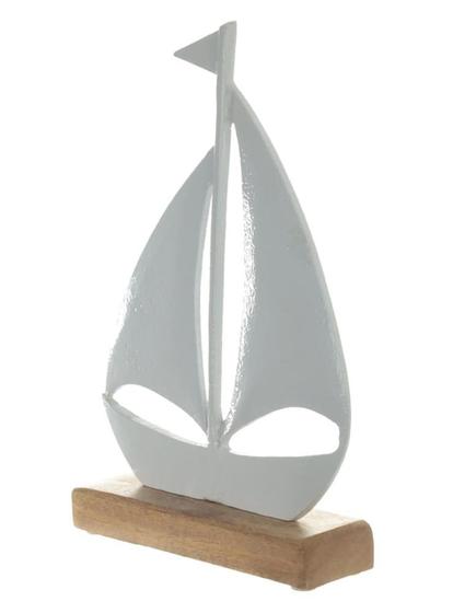 Imagem de ESCULTURA DECORATIVA BARCO EM METAL BASE EM MADEIRA BCO 27cm