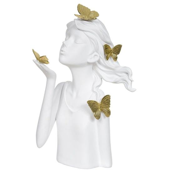 Imagem de Escultura Decorativa de Poliresina Menina Branco e Dourado Com Borboletas