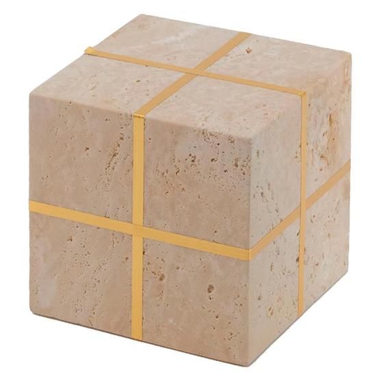 Imagem de Escultura decorativa em pedra cubo creme e dourado 11cm