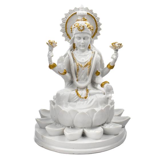 Imagem de Escultura Deusa Lakshmi na Flor Lotus Bra e Dour 15cm Resina