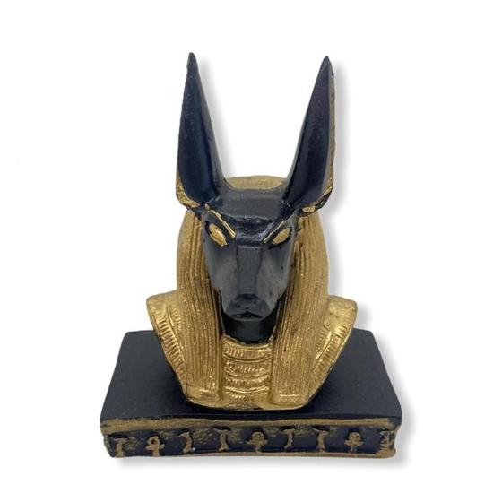 Imagem de Escultura Egípcia Busto Anubis Preto Dourado Em Resina 10 Cm