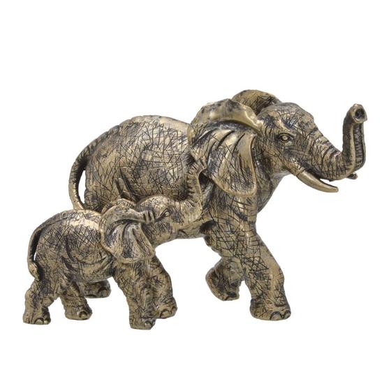 Imagem de Escultura elefante com filhote em resina dourado e preto
