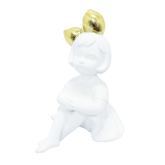 Imagem de Escultura em Resina Branca Menina Com Lacinho Dourado
