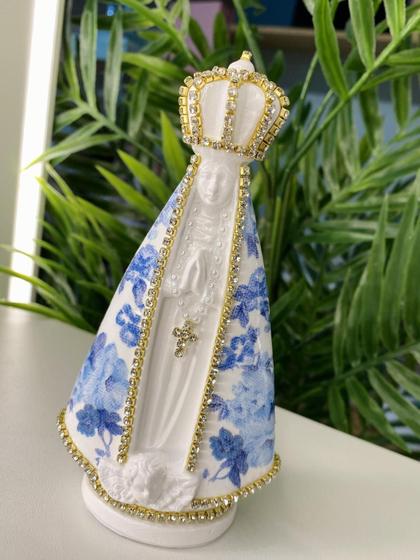 Imagem de Escultura nossa senhora aparecida branca com manto floral azul 15cm