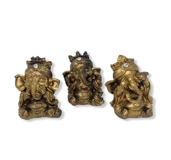 Imagem de Escultura trio ganesha sego, surdo e mudo  8 cm dourado com preto