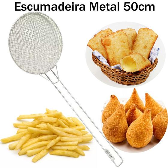 Imagem de Escumadeira Peneira para Fritura - 50 cm - Modelo Industrial - Batata Pastel Salgados Coxinhas - Grande - INOX - PANAMI