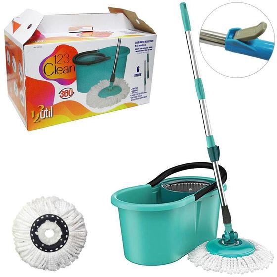 ESFREGAO MOP GIRATORIO 360º COM 1 REFIL + BALDE 6L E CABO EXTENSIVEL - 123 Util Menor preço em ESFREGAO MOP GIRATORIO 360º COM 1 REFIL + BALDE 6L E CABO EXTENSIVEL - 123 Util