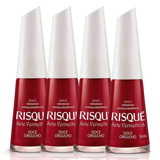 Imagem de Esmalte Risqué 7 Vermelhos Cor Doce Orgulho Hipoalergênico 8ml  Kit com quatro unidades