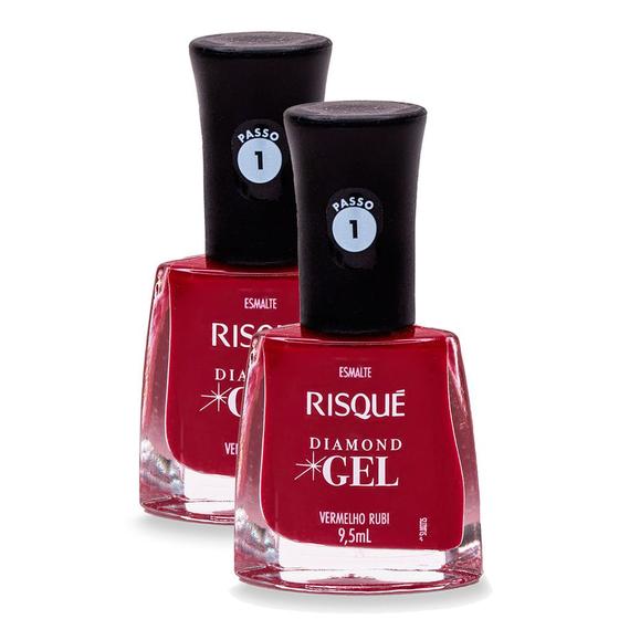 Imagem de Esmalte Risqué Diamond Gel Cor Vermelho Rubi 9,5ml  Kit com duas unidades