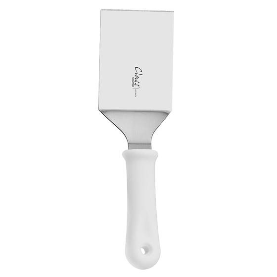 Imagem de Espatula Curva Cabo Branco Aço Inox Chapeiro Pizza Cozinha 26CM