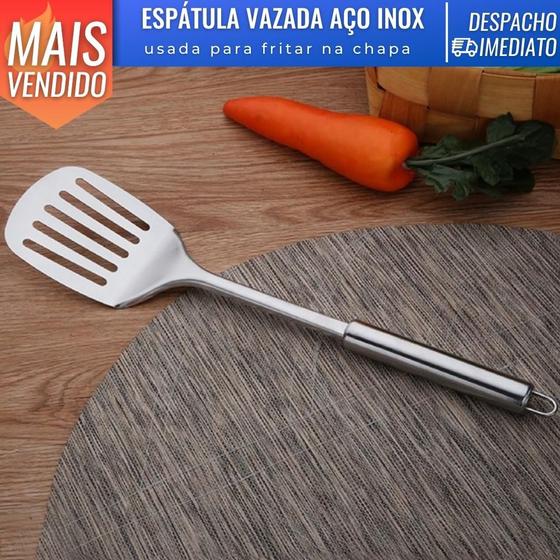 Imagem de Espatula Vazada de Aço Inox Espessura 15mm Fritar Hambúrguer Talher Cozinha