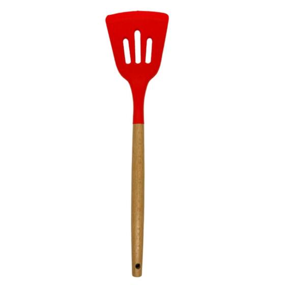 Imagem de Espátula Vazada de Silicone Vermelha com Cabo de Bambu