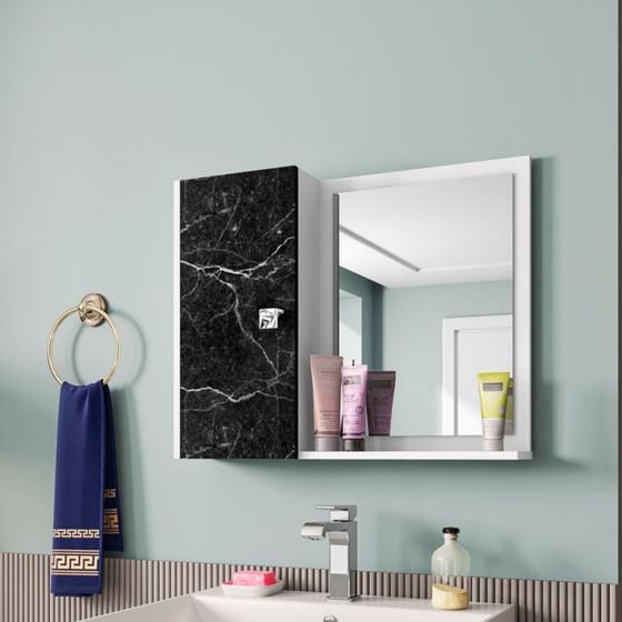 Imagem de Espelheira Branco/Nero Para Banheiro Com Espelho Com Porta Com Prateleira Interno