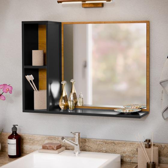 Imagem de Espelheira Suspensa Aéria Prateleiras Organizadoras Espelho Banheiro Compacta Bali