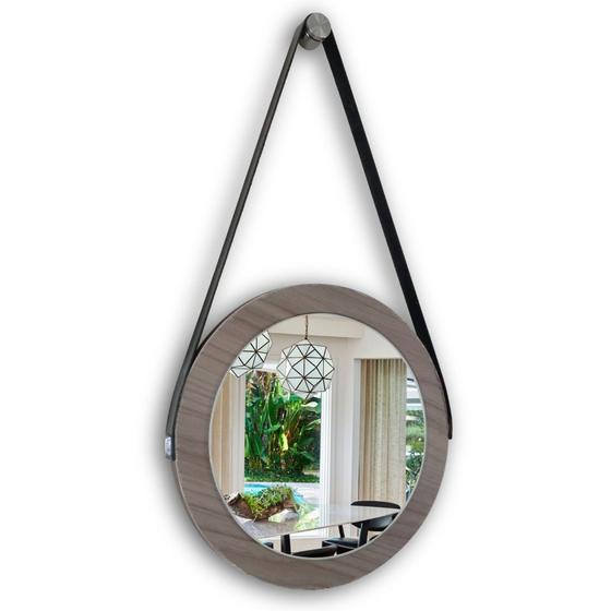 Imagem de Espelho adnet moldura marrom 28 cm com cinta cor preta de pendurar redondo de vidro