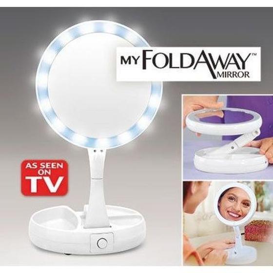 Imagem de Espelho camarim com luz LED de mesa para maquiagem redondo portátil dobrável 2 lados com aumento 10x REDONDO