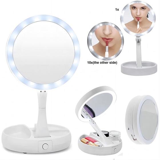Imagem de Espelho com Led De Mesa Com Aumento 10x Led luz Dobravel Para Maquiagem Pronta Entrega