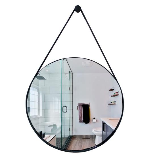 Imagem de Espelho De Banheiro Decorativo 50cm C/ Alça De Couro Preto