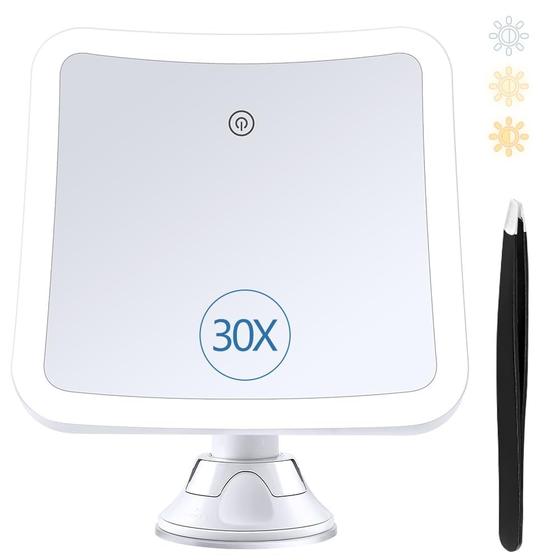 Imagem de Espelho de Maquiagem com Aumento 30x PIMPLEGO - Com Luz, 3 Cores e Ajuste