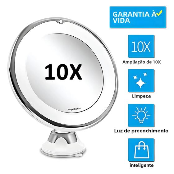 Imagem de Espelho de Maquiagem com LED e 10x de Aumento - Iluminação Flexível e Ventosa