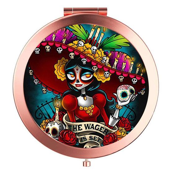 Imagem de Espelho de Maquiagem YCKMD com Ampliação 2X e 1X - Portátil, Compacto e com Design Sugar Skull