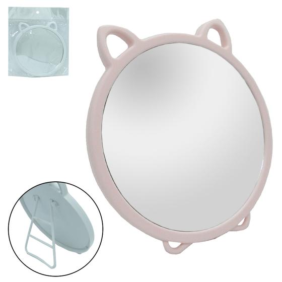 Imagem de Espelho de mesa / pendurar redondo com moldura de plastico gatinho 15x14cm