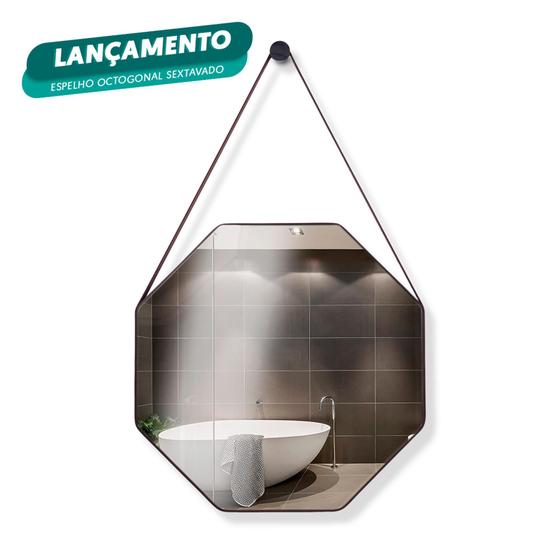 Imagem de Espelho Decorativo 60cm Suspenso Alça Couro + Suporte