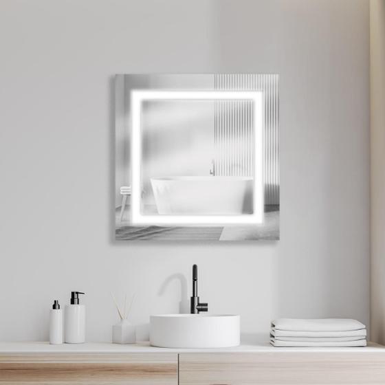 Imagem de Espelho Decorativo Lapidado Quadrado com Led Frontal Jateado Branco 50x50cm para Quarto Sala Banheiro